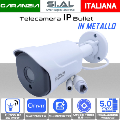 Telecamera IP Bullet PoE Onvif 5MP Ottica 2.8 mm in metallo sony starvis