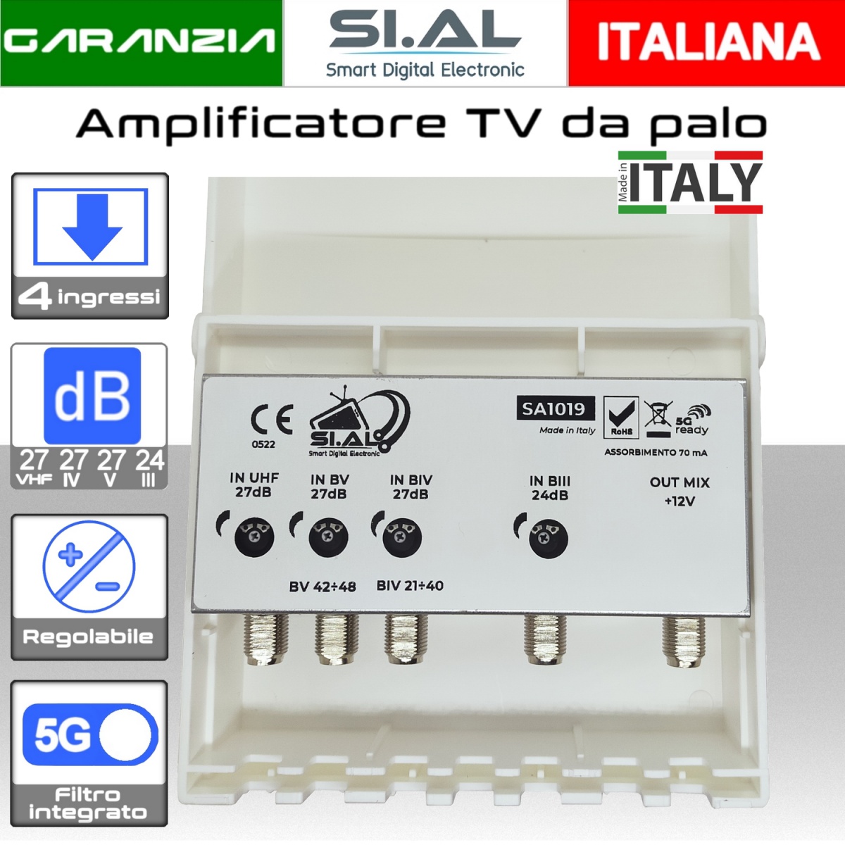 Amplificatore antenna TV 4 ingressi VHFUHFIVV regolabile 27dB filtro