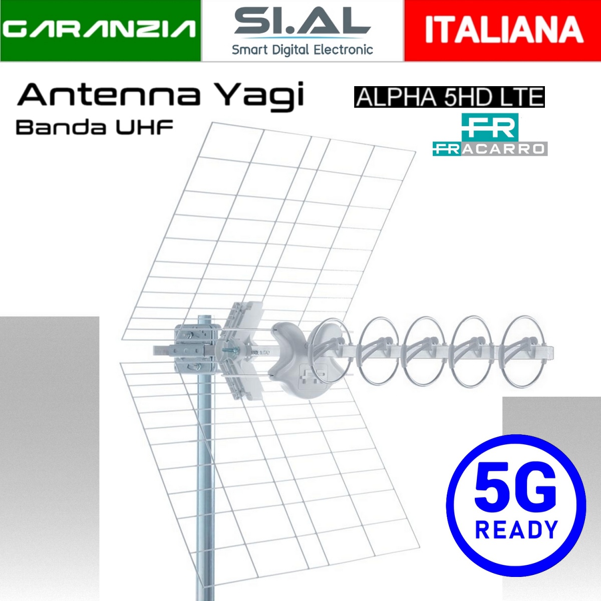Antenna TV Digitale Esterna 20 Elementi – 8dB Guadagno, Connettore F, Filtro LTE, Argento/Nero