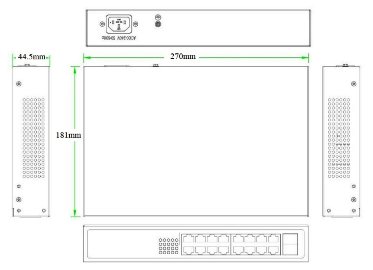 Dimensioni switch 16 porte gigabit con fibra ottica uplink