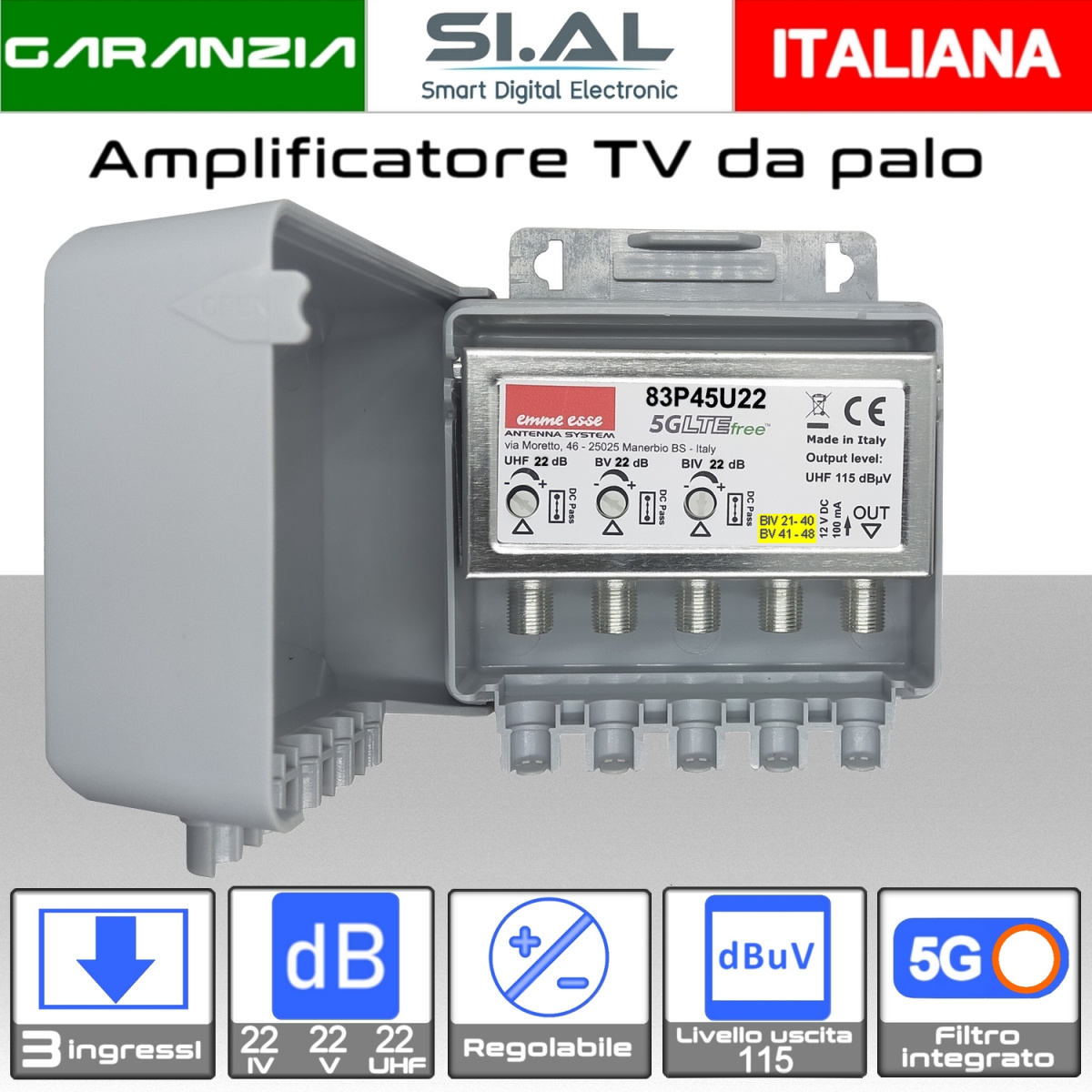 2491E Amplificatore tv 3 ingressi 22dB emme esse 40/41