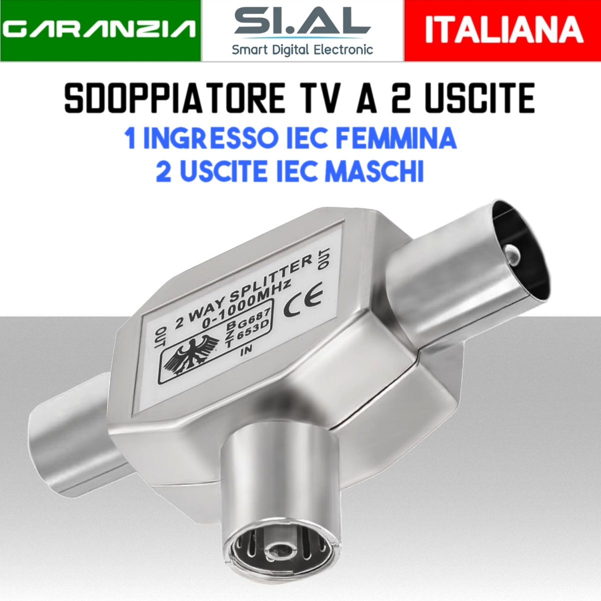 SA0537L Splitter Antenna TV in Metallo 1 IEC femmina 2 IEC maschio
