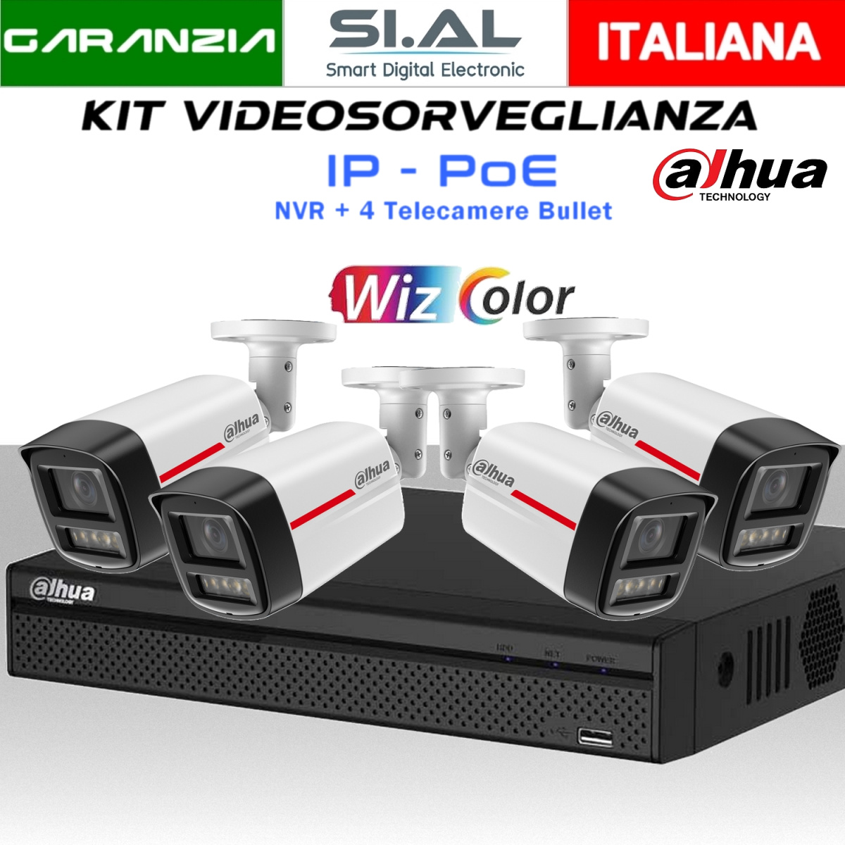 Kit Videosorveglianza IP Dahua 4 Telecamere Bullet WizColor 
