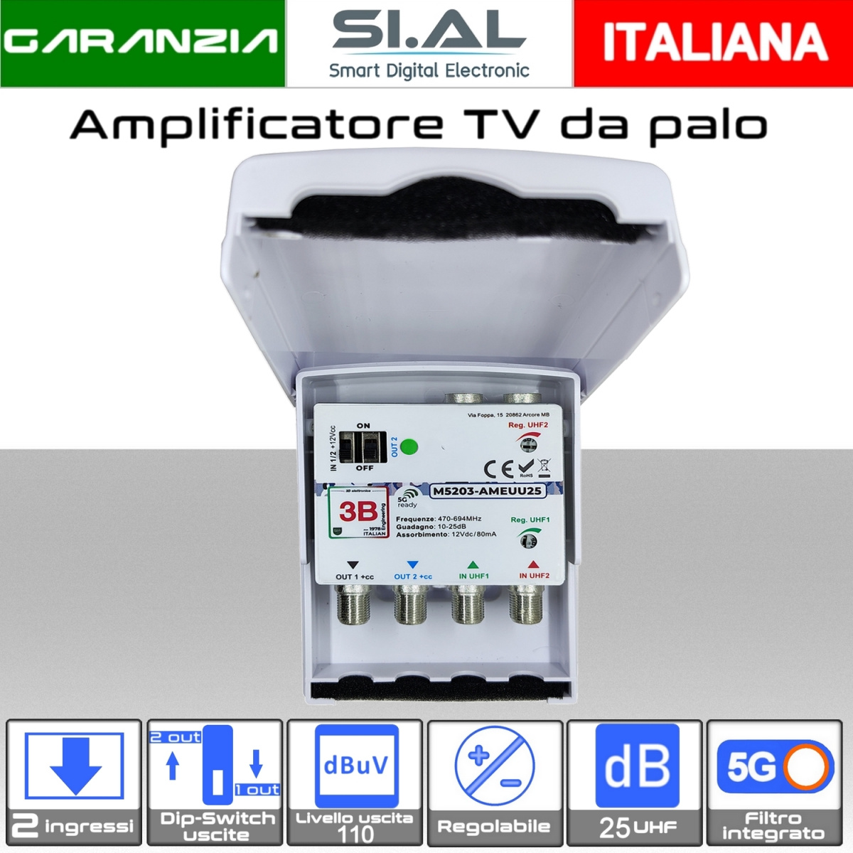 M5203 Amplificatore tv 2 ingressi 2 uscite 25dB