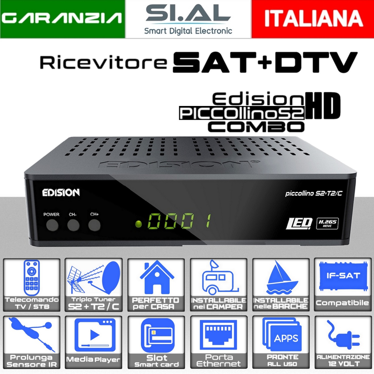 Decoder EDISION Piccollo S2+T2/C Combo HD – Satellitare E Terrestre Full HD Con H265 HEVC E Due USB