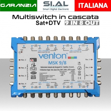 Multiswitch 9/8 in cascata centralino a due satelliti con terrestre per 8 utenze indipendenti serie Venton MSK