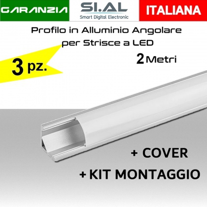 3 pz Profilo in Alluminio da 2 metri per strisce a Led angolare