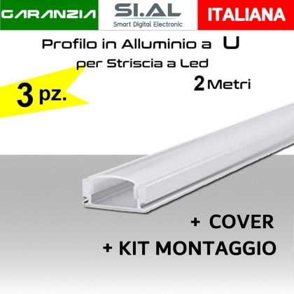 Profilo a U in Alluminio da 2 metri per strisce a Led completo di cover e kit fissaggio ( Pack 3 )