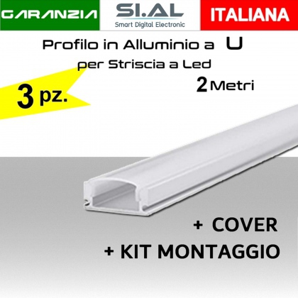 Profilo a U in Alluminio da 2 metri per strisce a Led completo di cover e kit fissaggio PACK 3pz.