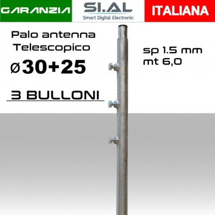 Palo antenna telescopico 3x2 ( 30+25 ) a 3 bulloni  spessore 1,5 mm  alto 6,0 metri 