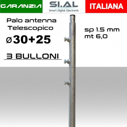 Palo antenna telescopico 6 metri tubi infilati diamentro 30-25 mm spessore 1,5 mm zincato a caldo