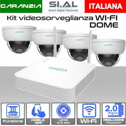 Videosorveglianza WIFI da esterno con NVR e 4 telecamere wireless Dome ottica fissa da 4 mm 2 megapixel in alta definizione