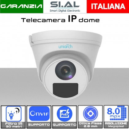 Telecamera IP Dome PoE ONVIF con Ottica 2.8mm risoluzione 8.0 mpx 4K