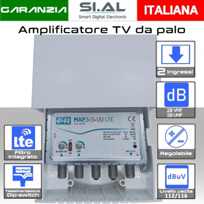  Amplificatore antenna TV MAP EVO 223708 Fracarro a 2 ingressi VHF/UHF-UHF regolabile 28/28 dB filtro Lte con Telealimentazione