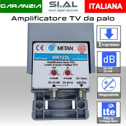 Amplificatore antenna TV Mitan MK122L  a 1 ingressi VHF-UHF regolabile 24 dB con filtro Lte 