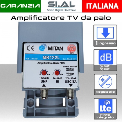 Amplificatore antenna TV Mitan MK132L a 1 ingressi VHF- UHF regolabile 34/36 dB con filtro Lte