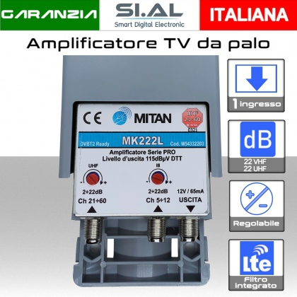 Amplificatore antenna TV Mitan MK222L a 2 ingressi VHF-UHF regolabile 22 dB con filtro Lte