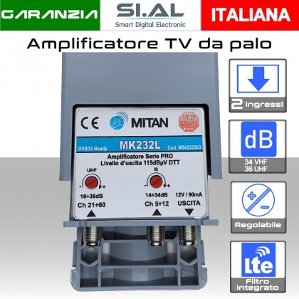 Amplificatore antenna TV Mitan MK232L a 2 ingressi VHF-UHF regolabile 34/36 dB con filtro Lte
