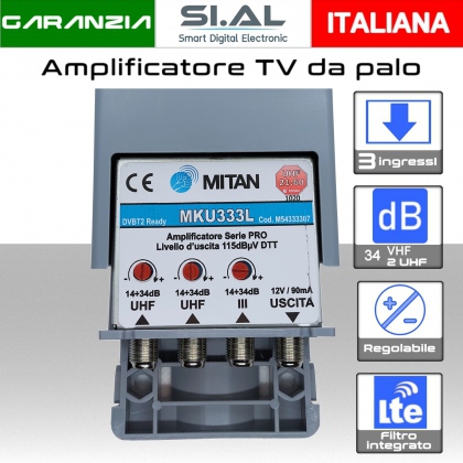 Amplificatore antenna TV Mitan MKU333L a 3 ingressi VHF-UHF-UHF regolabile 34 dB con filtro Lte