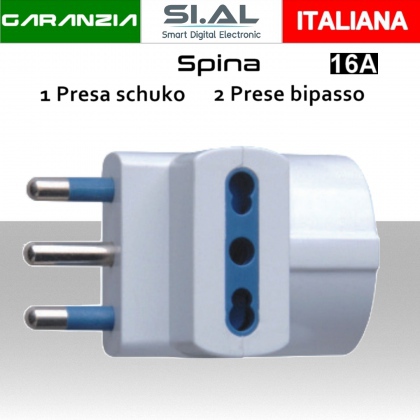 Adattatore Spina italiana s17 con  1 presa schuko  2 prese bipasso 10A 16A