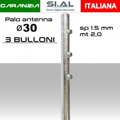 Palo antenna singolo a 3 bulloni diametro ø 30 spessore 1,5 mm  alto 2,0 metri
