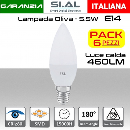 Lampadina LED oliva 5,5W luce calda 3000k E14 460 lumen PACK 6 PZ.