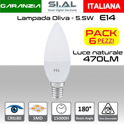 Lampadina LED oliva 5,5W luce naturale E14 470 lumen PACK 6 PZ.