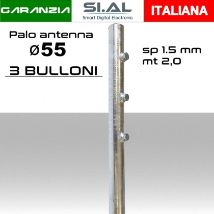 Palo antenna singolo a 3 bulloni diametro ø 55 spessore 1,5 mm  alto 2,0 metri