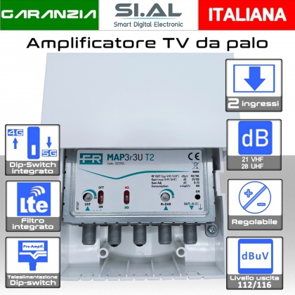 Amplificatore TV da palo Fracarro 2 ingressi 28dB regolabile UHF-VHF con Telealimentazione e filtro 5G  MAP T2 223755 