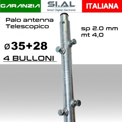  Palo antenna telescopico 2x2 ( 35+28 ) a 4 bulloni spessore 2,0 mm alto 4,0 metri