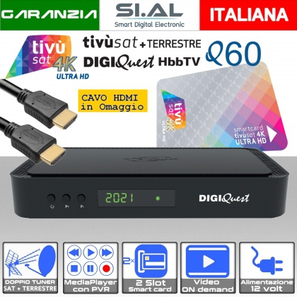 Decoder Tivusat 4K combo Digiquest Q60 DVB-S2  DVB-T2 HEVC con scheda Tivùsat UHD e cavo HDMI HQ in omaggio