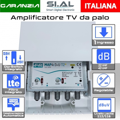 Amplificatore TV da palo Fracarro 1 ingresso 42dB regolabile UHF VHF  con Telealimentazione e filtro 5G  MAP T2 223751