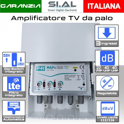 Amplificatore TV da palo Fracarro 3 ingressi 40dB regolabile VHF-UHF-UHF con Telealimentazione e filtro 5G  MAP T2  223758 