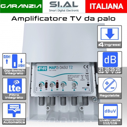 Amplificatore TV da palo Fracarro 4 ingressi 25dB regolabile UHF-IV-V-VHF- con Telealimentazione e filtro 5G  MAP T2 223759 