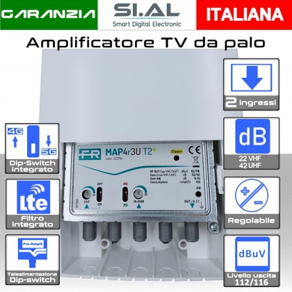  Amplificatore antenna TV MAP T2 223754 Fracarro a 2 ingressi VHF-UHF regolabile 22-42 dB filtro Lte 4G e 5G con Telealimentazione
