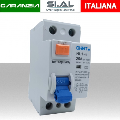 Interruttore differenziale puro 2 Poli salvavita 25A 30mA due moduli CHINT 