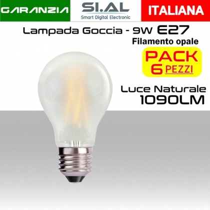 Lampadina LED Opale filamento a goccia 9W luce naturale 4000k E27 1090 lumen  PACK 6 PZ.