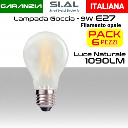 Lampadina LED Opale filamento a goccia 9W luce naturale E27 1090 lumen PACK  6 PZ.