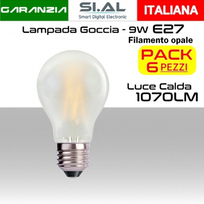 Lampadina LED Opale filamento a goccia 9W luce calda 3000K E27 1070 lumen  PACK 6 PZ.