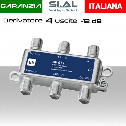 Derivatore antenna 4 uscite attenuazione -12dB con 1 via passante DC schermato con connettore F per banda TV e Satellite di Ekselans by ITS