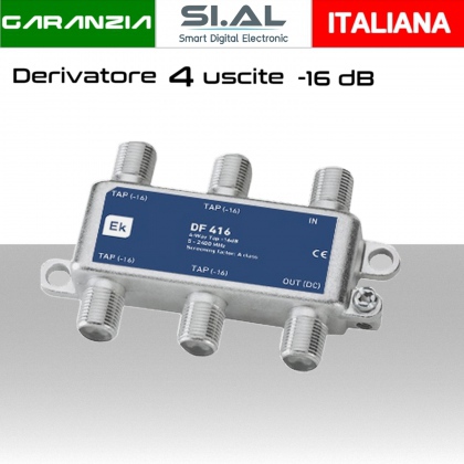 Derivatore antenna 4 uscite attenuazione -16dB con 1 via passante DC schermato con connettore F per banda TV e Satellite di Ekselans by ITS