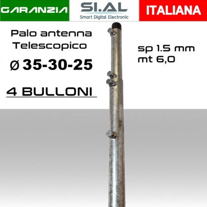 Palo antenna telescopico 6 metri tubi infilati diamentro 35-30-25 mm spessore 1,5 mm zincato a caldo