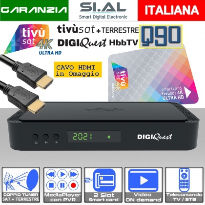 Decoder Tivùsat 4K combo Digiquest Q90 DVB-S2 DVB-T2 HEVC completo di tessera tivùsat con cavo HDMI HQ in omaggio