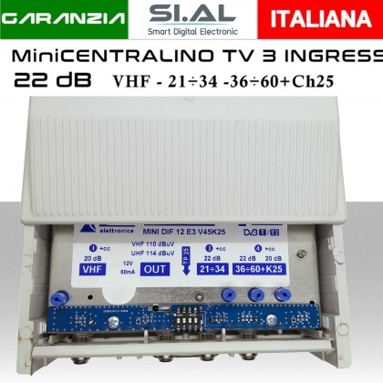 Centralino TV da Palo a 3 ingressi VHF/UHF/UHF 22dB regolabili 114dBuV Filtro LTE