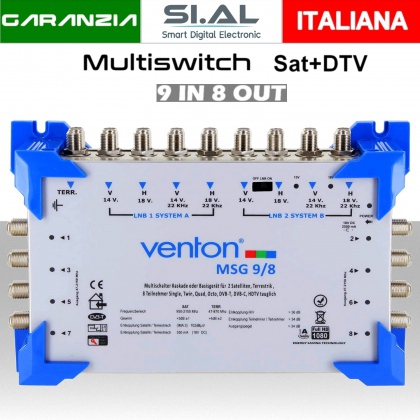 Multiswitch  9/8 centralino autoalimentato a due satelliti con terrestre per 8 utenze indipendenti serie Venton MSG