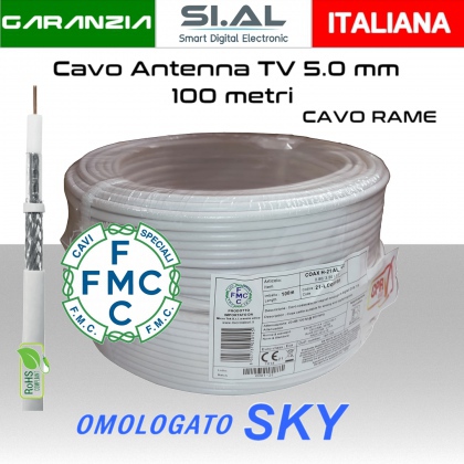 Cavo coassiale TV da 100 metri 5.0 mm  omologato sky conduttore in rame rosso FMC cavi speciali 