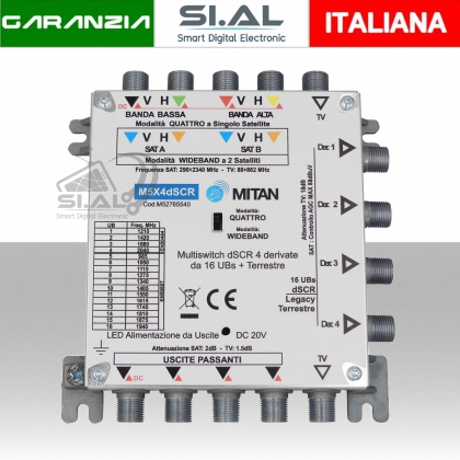 Multiswitch dCSS 4 uscite WideBand. derivate con 5 ingressi SAT/DTV e 5 uscite passanti Mitan M5X4dSCR