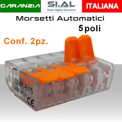 Morsetto connettore a leva 5 poli chiusura rapida a blocco per cavi elettrici 1.5 mm ( 2PZ.)