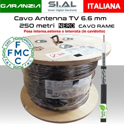 Cavo coassiale TV nero 6.6 mm da 250 metri per uso in cavidotti bobina legno conduttore in rame rosso FMC cavi speciali 
