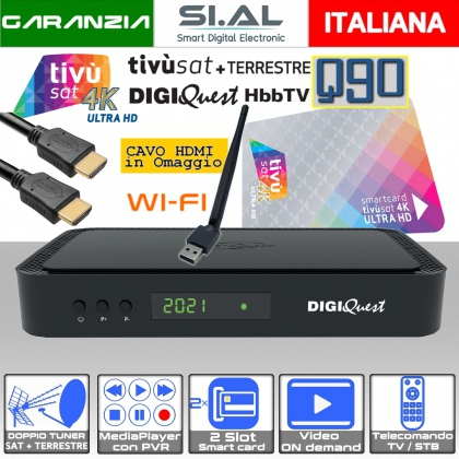 Decoder Tivùsat 4K combo Digiquest Q90 WI-FI DVB-S2 DVB-T2 HEVC completo di tessera tivùsat e cavo HDMI 4k in omaggio